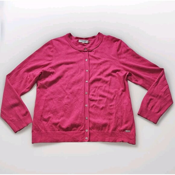 Calvin Klein Cardigan Women XL Pink LS Knit Unlined Stretch Branded Buttons Boho - Picture 1 of 15